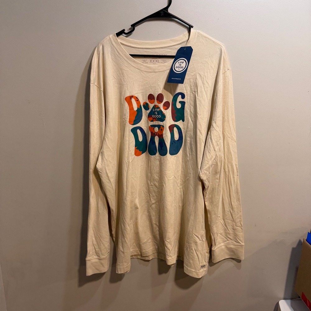 Life is Good Mens XXXL Dog Dad Crusher Long Sleeve Tee Cream Graphic Shirt NWT